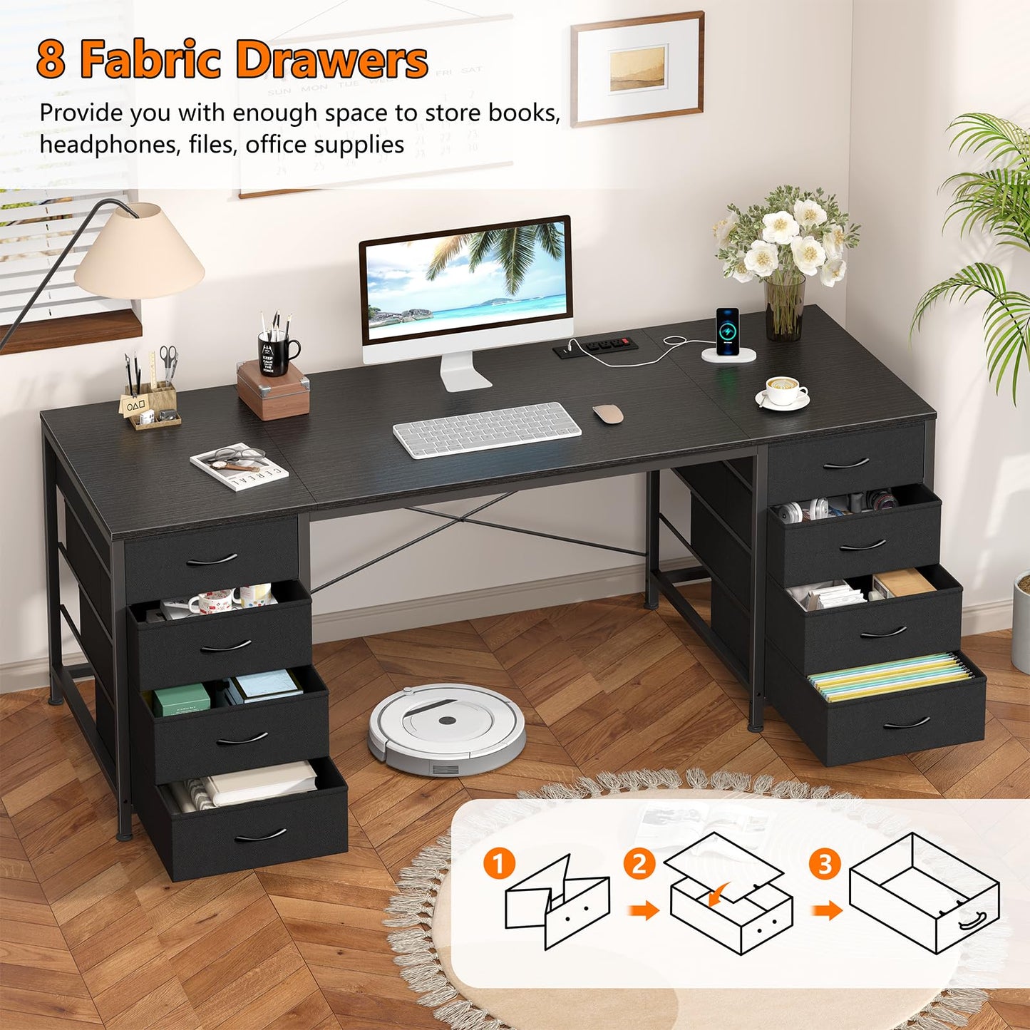 YOMILUVE 60 Inch Computer Desk with 8 Drawers, Home Office Desk with Power Outlets, Work Study Gaming Desk with 8 Fabric Drawers, Black