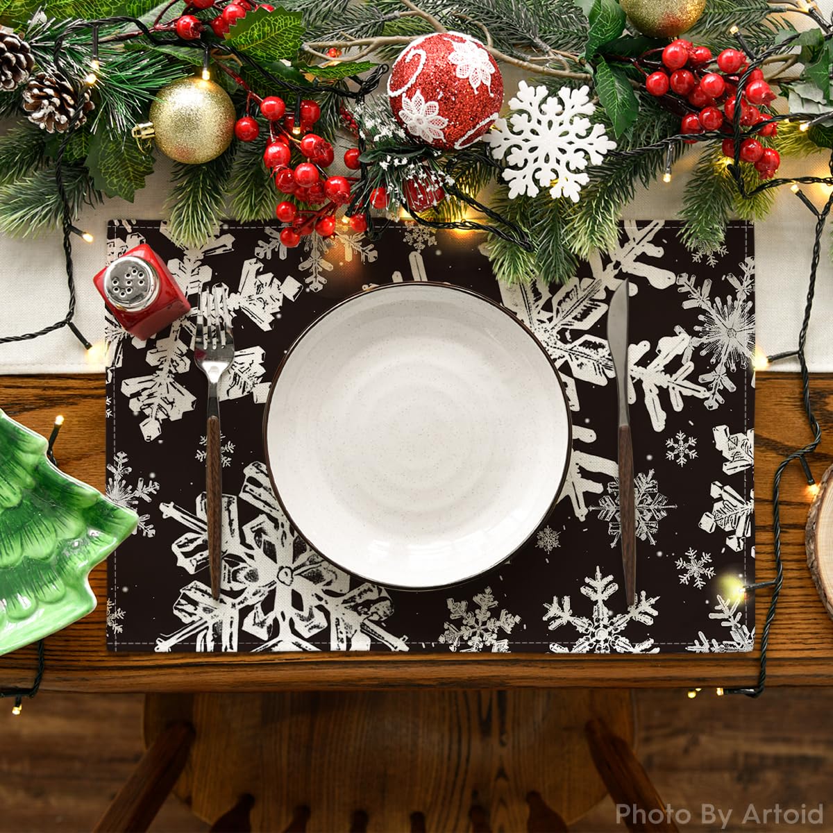Artoid Mode Black Snowflakes Christmas Placemats for Dining Table, 12 x 18 Inch Seasonal Winter Washable Table Mats Set of 4 Artoid Mode
