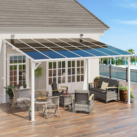 MEISSALIVVE 10' x 14' Gazebo, Wall Mounted Gazebo, Lean to Metal Awnings Gazebos, Gazebo Pergola with Sloped Roof, Outdoor Patio Gazebo Awning for Backyard, Deck, White MEISSALIVVE