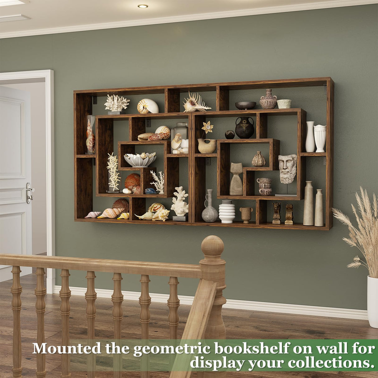 Armocity 6 Tier Display Book Shelf Wall Mounted Bookshelf Freestanding Geometric Bookcase Floating Book Shelves for Wall Bedroom Living Room Home Office, 45.5"(W) * 47"(H), Rustic Brown Armocity
