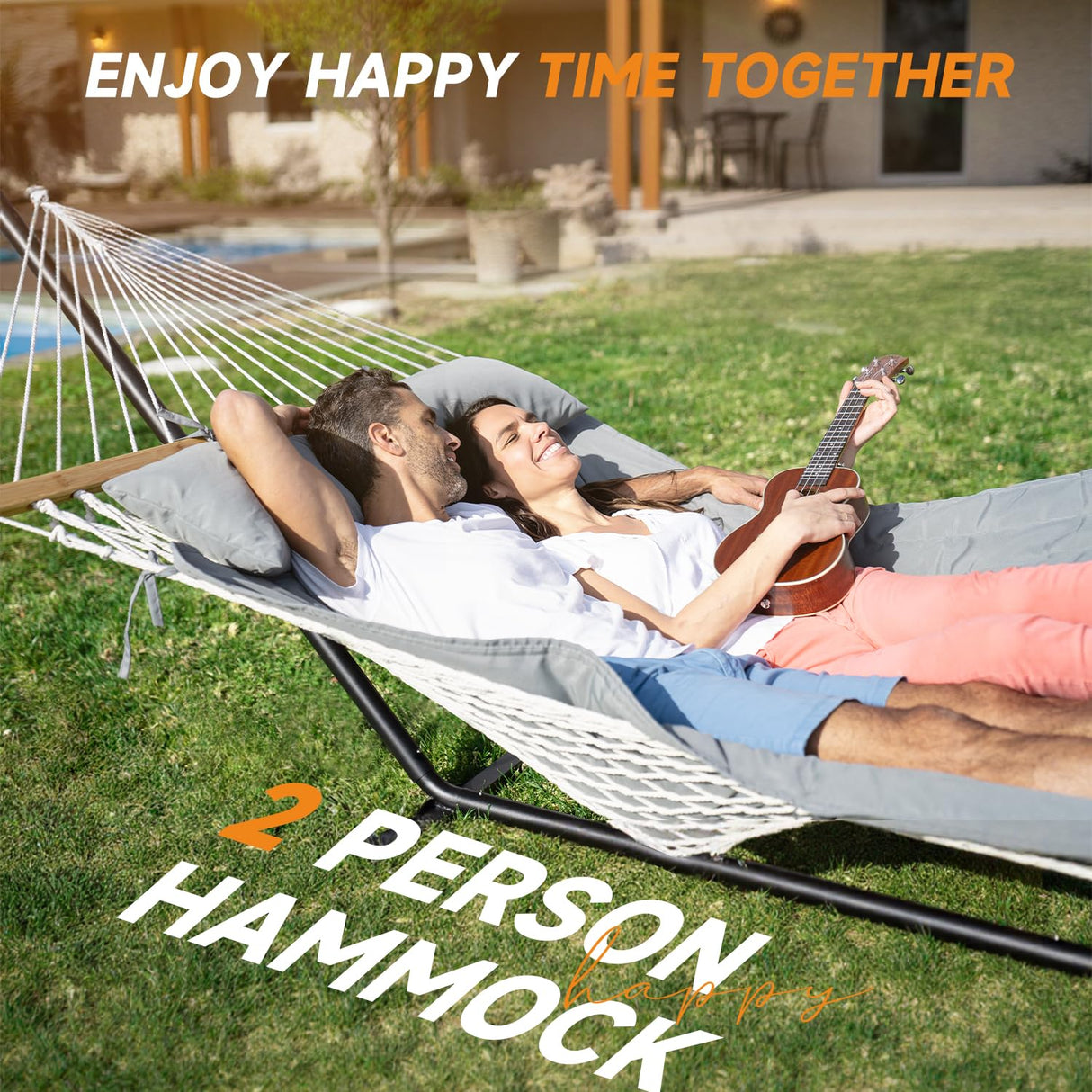 Everyfun Double Hammock with Stand, 2 Person Cotton Rope Hammock with Removable Polyester Pad, 500LBS Capacity, Portable & Adjustable Design, Includes Storage Bag, Indoor Outdoor Use,Dark-Gray Everyfun