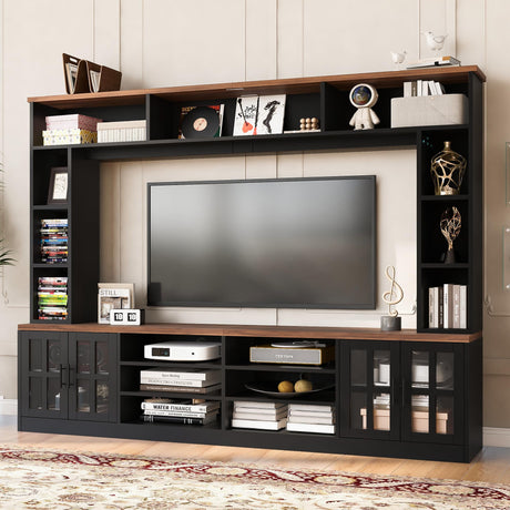 Ball & Cast Wall Unit Entertainment Center with Bookshelves for TVs up to 80",Modern TV Stand Media Center Console W/Display Cabinets,Tempered Glass Doors and Adjustable Shelves,for Living Room,Black Ball & Cast