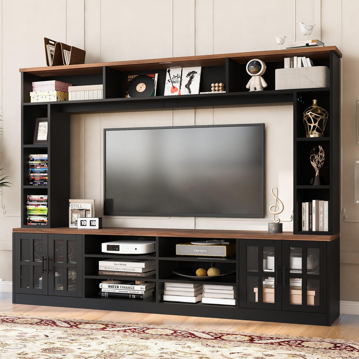 THINK 30 95.5" W Wall Unit Entertainment Center with Bookshelves for TVs up to 80", Modern TV Stand Media Console with Cabinets, Tempered Glass Doors and Adjustable Shelves for Living Room, Black THINK 30