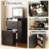 Herture 3 in 1 Vanity Desk with Flip Top Mirror, LED Lights, Side Cabinet,Collapsible Desk Panel, Hidden Stool with Storage, Small Makeup Vanity Table with Power Outlets, Compact Vanity, Black PT01DTB Herture