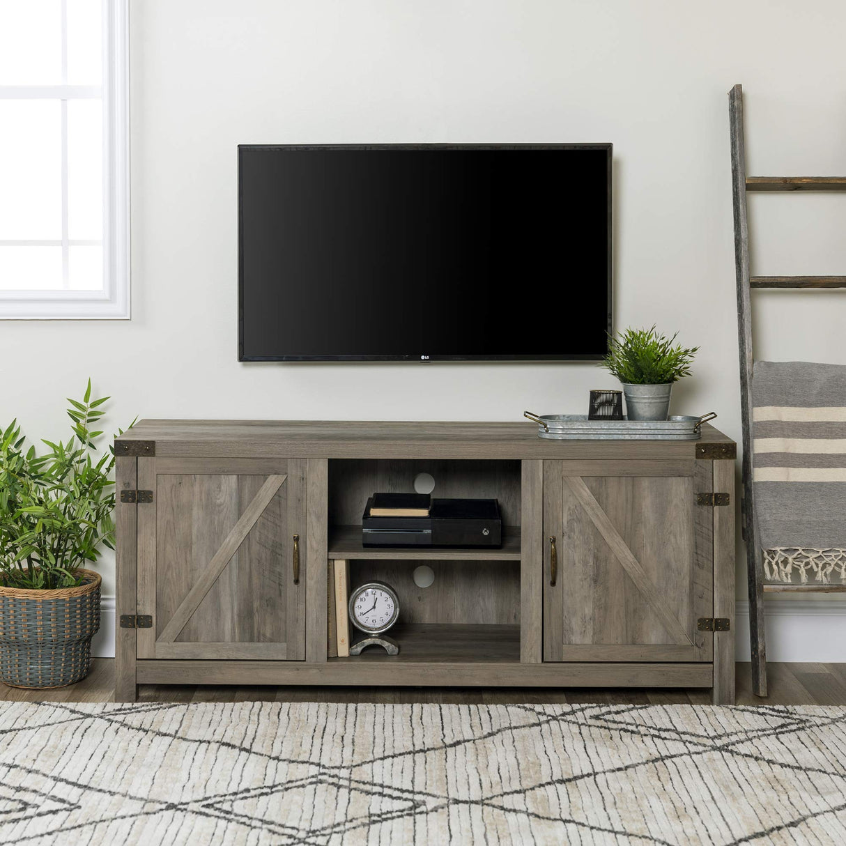 Walker Edison Georgetown Modern Farmhouse Double Barn Door TV Stand for TVs up to 65 Inches, 58 Inch, Grey Walker Edison