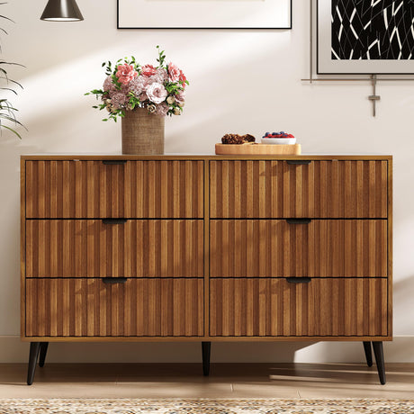 Furnivado Fluted Dresser for Bedroom with 6 Drawers, 47'' Wide Modern Dresser with Metal Handle, Natural Wood Dressers Organizer with Blister Drawers for Bedroom, Brown Furnivado