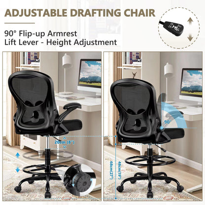 Winrise Drafting Chair, Tall Office Chair Ergonomic Standing Desk Chair, Lumbar Support Computer Chair Swivel Task Rolling Chair with Adjustable Flip-up Armrests & Foot Ring (Black)