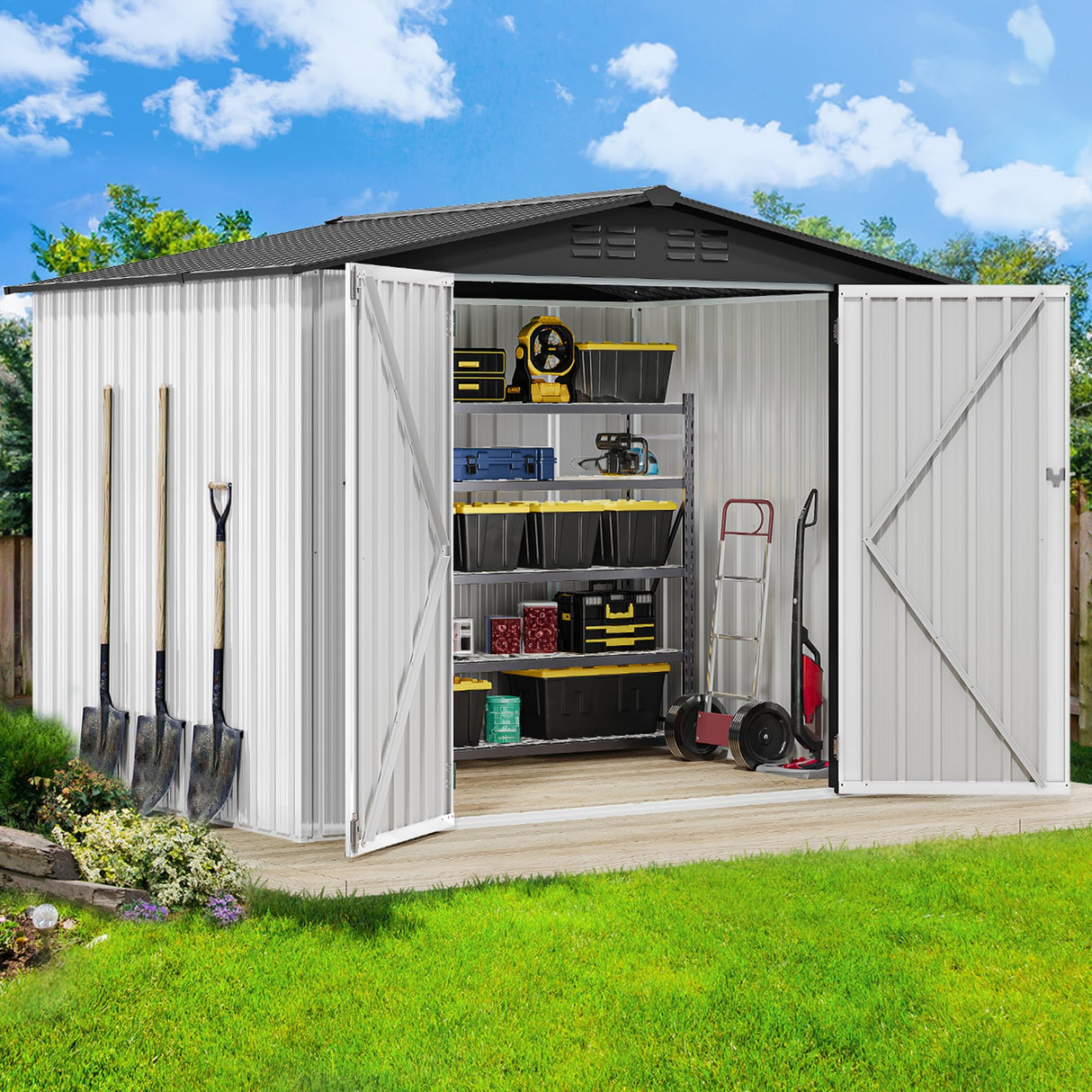 DWVO 8x6ft Metal Outdoor Storage Shed, Waterproof Tool Shed Heavy-Duty Storage Unit with Lockable Door and Vents, Ideal for Bicycles, Tools, Lawnmowers, Backyards, Patios, Lawns - White DWVO