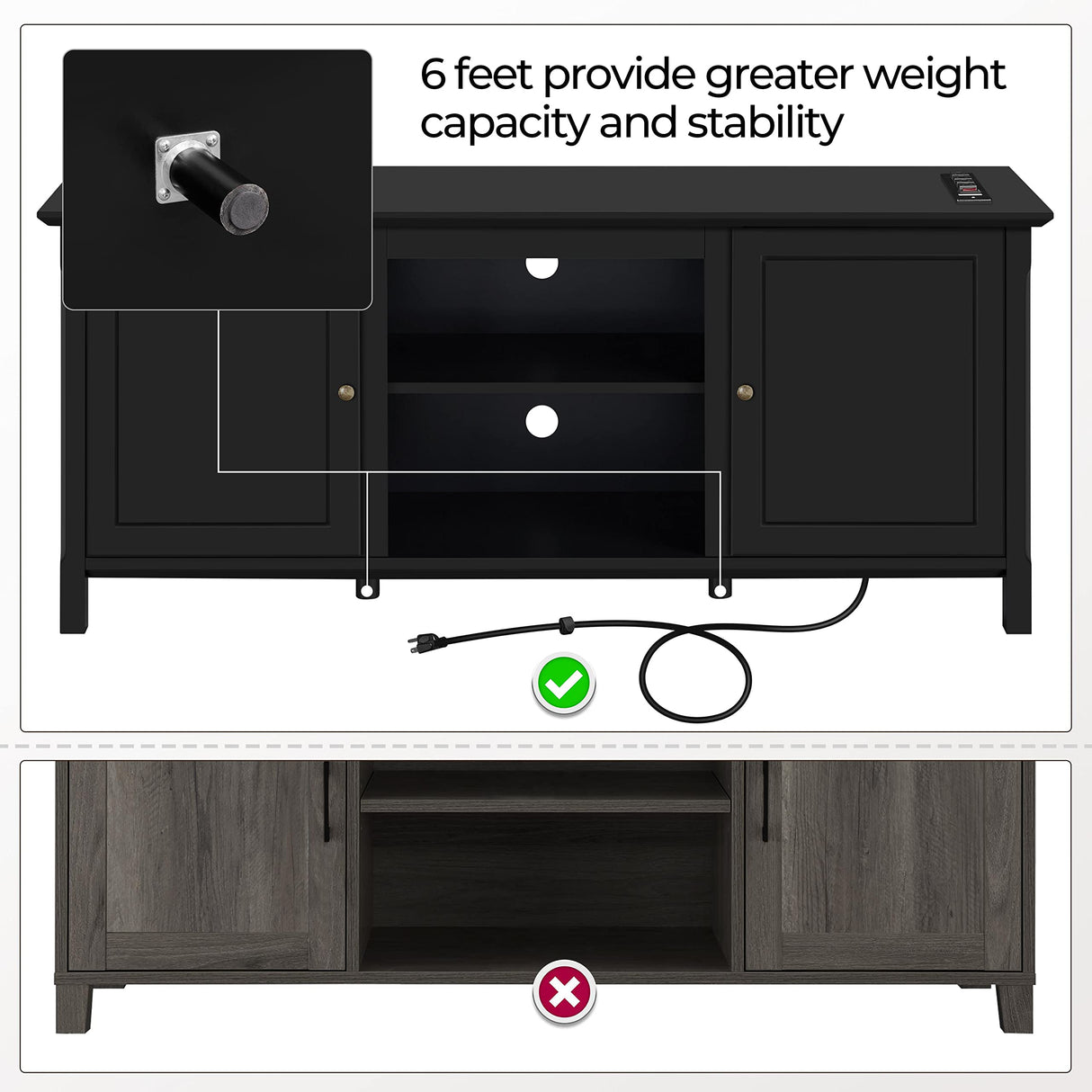 Yaheetech Black TV Stand with Power Outlet for TVs up to 65 in, Modern Media Entertainment Center with Doors & Storage Shelf, Wooden TV Console with 6 Robust Legs for Living Room Yaheetech