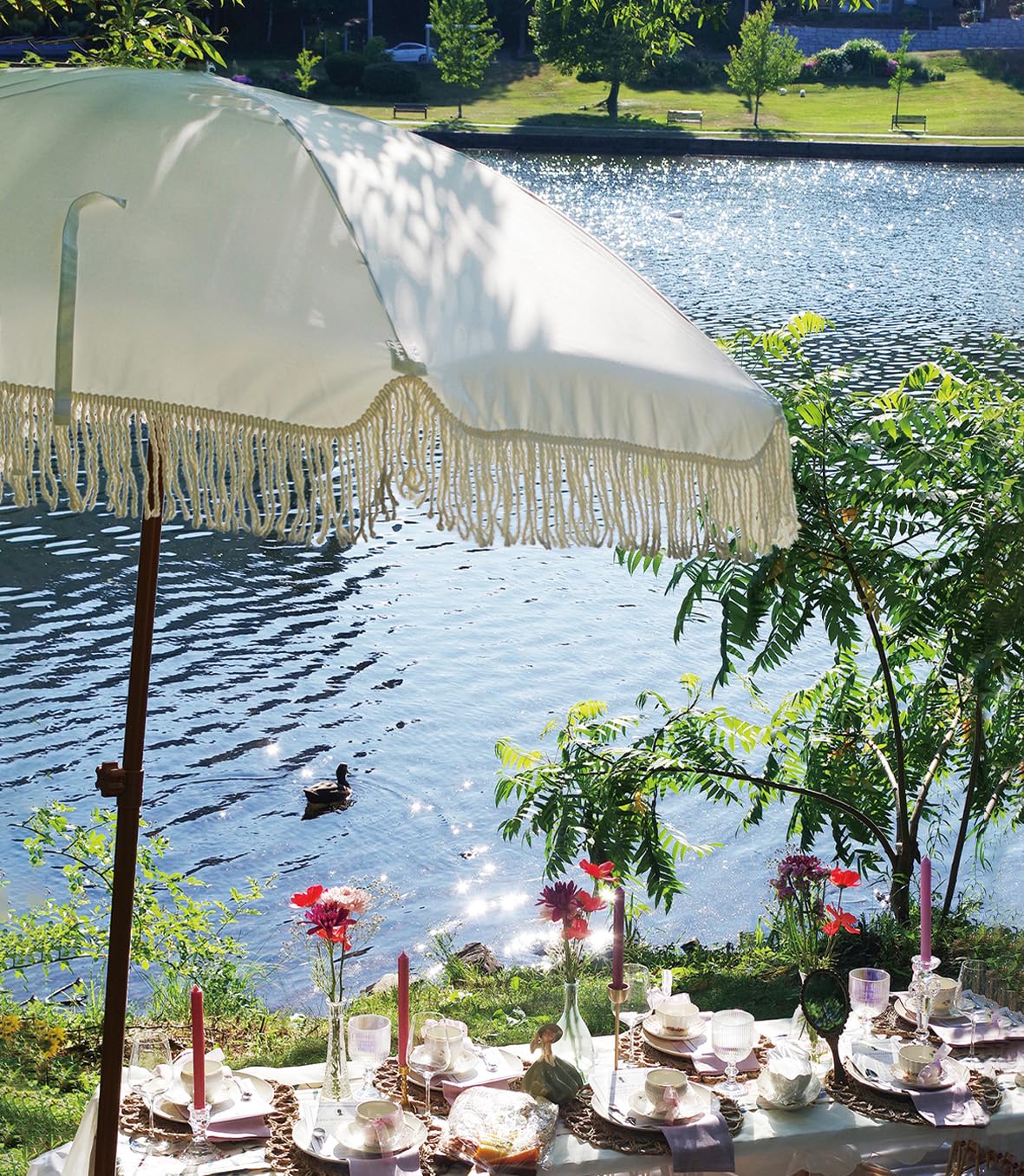 AMMSUN 7ft Patio Umbrella with Fringe Outdoor Tassel Umbrella UPF50+ Premium Steel Pole and Ribs Push Button Tilt, White Cream AMMSUN