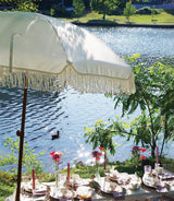 AMMSUN 7ft Patio Umbrella with Fringe Outdoor Tassel Umbrella UPF50+ Premium Steel Pole and Ribs Push Button Tilt, White Cream AMMSUN