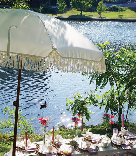 AMMSUN 7ft Patio Umbrella with Fringe Outdoor Tassel Umbrella UPF50+ Premium Steel Pole and Ribs Push Button Tilt, White Cream AMMSUN