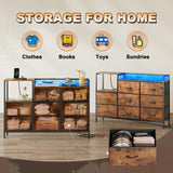 EKNKOZY Dresser with 8 Drawers, Chest of Drawers with LED Lights & Power Outlets, TV Stand Dresser for Bedroom, Wide Fabric Dresser with Shelf for Storage and Organization (Rustic Brown) EKNKOZY