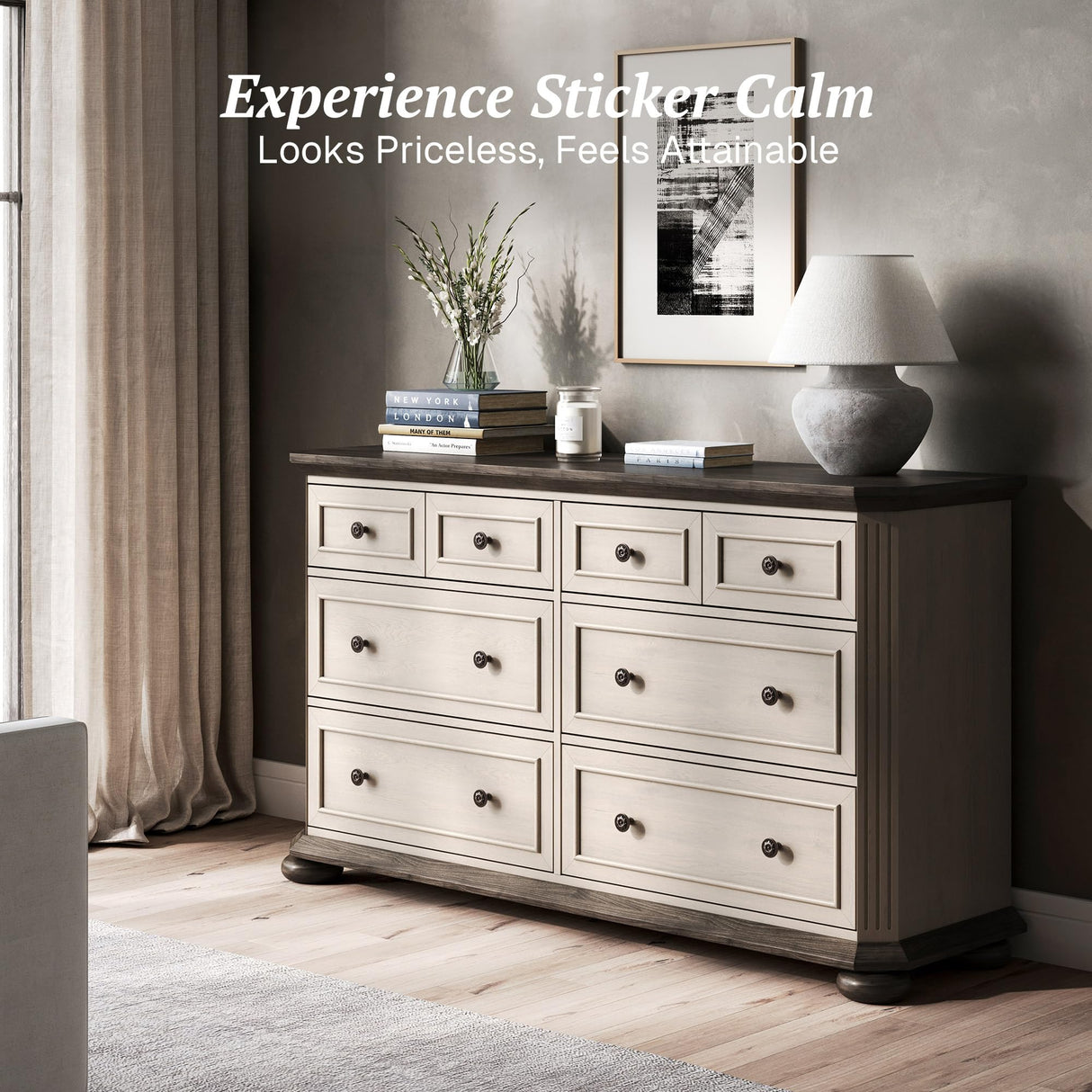 BELLEZE 31" Drawer Dresser Chest with 6 Drawers, Rustic Wooden Bedside Storage Cabinet Farmhouse Clothes Organizer for Bedroom or Living Room, Antique White BELLEZE