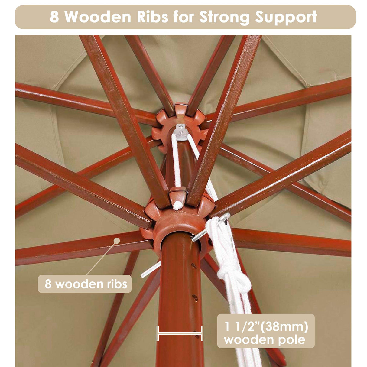 Yescom 9ft Tan Wooden Outdoor Patio Table Umbrella with Pulley Market Garden Yard Beach Deck Cafe Decor Sunshade Yescom