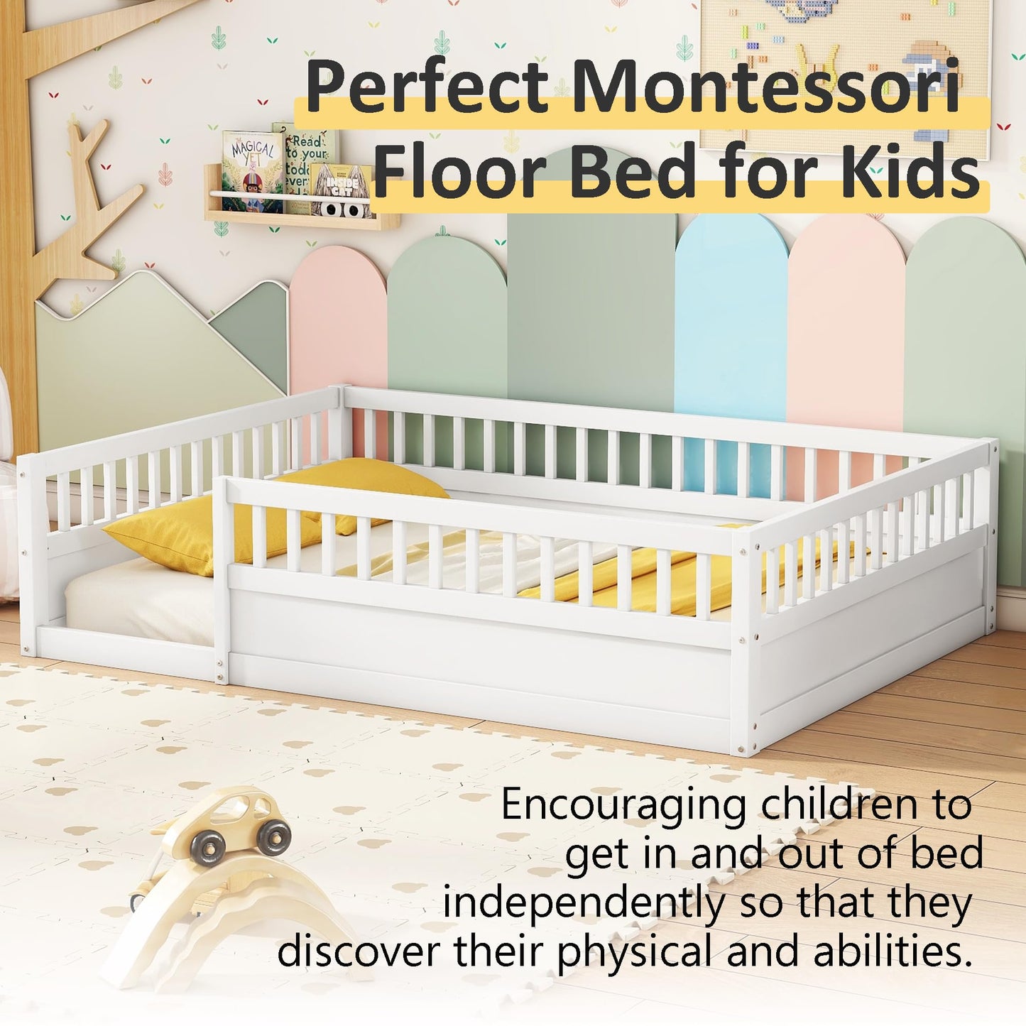 Mirightone Full Size Montessori Floor Bed with High Fence Rails in White for Kids - WoodArtSupply