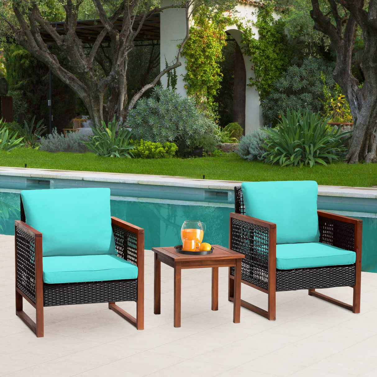 FDW 3-Piece Patio Bistro Set Acacia Wood Outdoor Chat Conversation Table Chair Set Outdoor Wood Chat Set with Water Resistant Cushions and Coffee Table for Beach Backyard Garden,Blue Cushion FDW