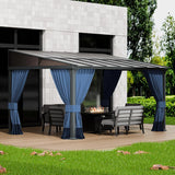 10x14FT Gazebo, Hardtop Wall Mounted Gazebo with Sloping Sun Panel Roof, Awnings for Patio with Metal Frame, Double Curtains for Garden, Lawn, Backyard Deck, Sand ASJMR