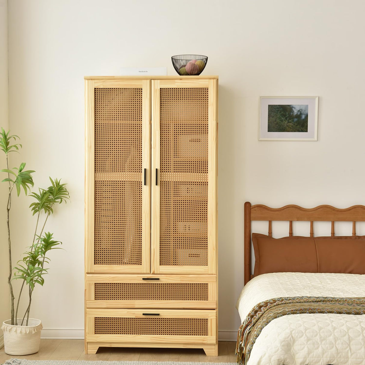 Better Home Products Pine Wood Closet with Rattan Doors and 2-Drawers in Natural Better Home Products