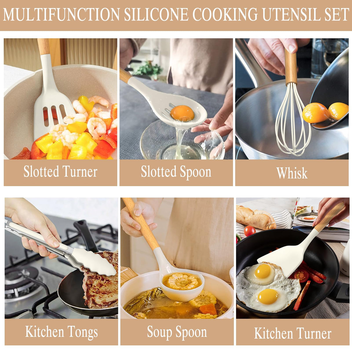 Umite Chef Kitchen Cooking Utensils Set, 33 pcs Non-stick Silicone Cooking Kitchen Utensils Spatula Set with Holder, Wooden Handle Silicone Kitchen Gadgets Utensil Set (Cream White) Umite Chef