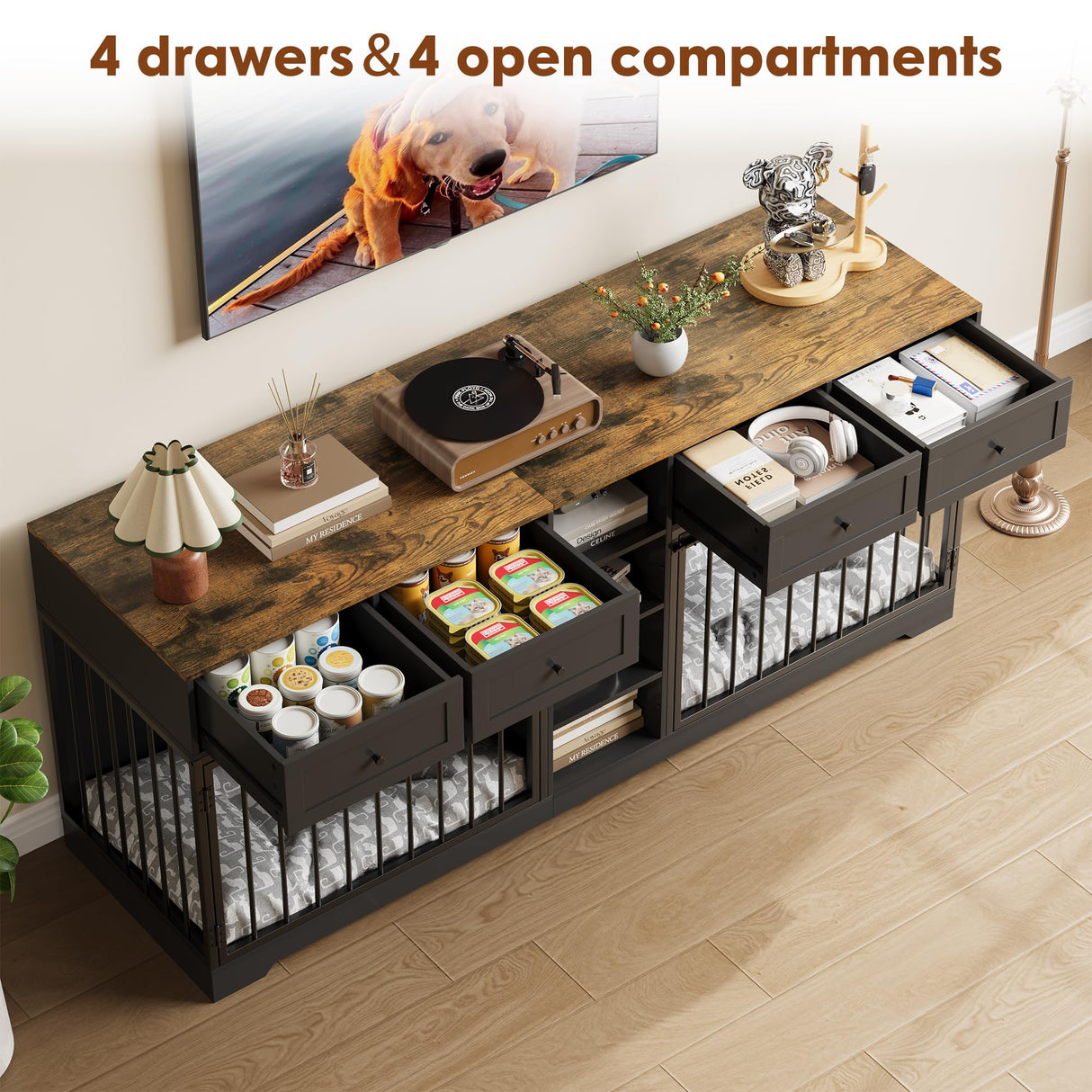 IDEALHOUSE 82” Large Dog Crate for 2 Dogs, Dog Kennel Indoor with 4 Drawers and Shelves, Double Dog Crate Furniture TV Stand, Wooden Dog Cage for Medium Large Dogs, Black IDEALHOUSE