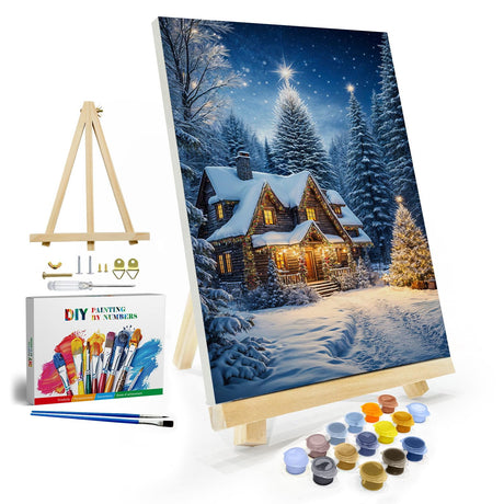 JOOZ Christmas Paint by Numbers Kit for Adults with Frame, Winter House Paint by Number with Easel, DIY Christmas Framed Paint by Number Kits for Gift Home Wall Decor 8x12 Inch JOOZ