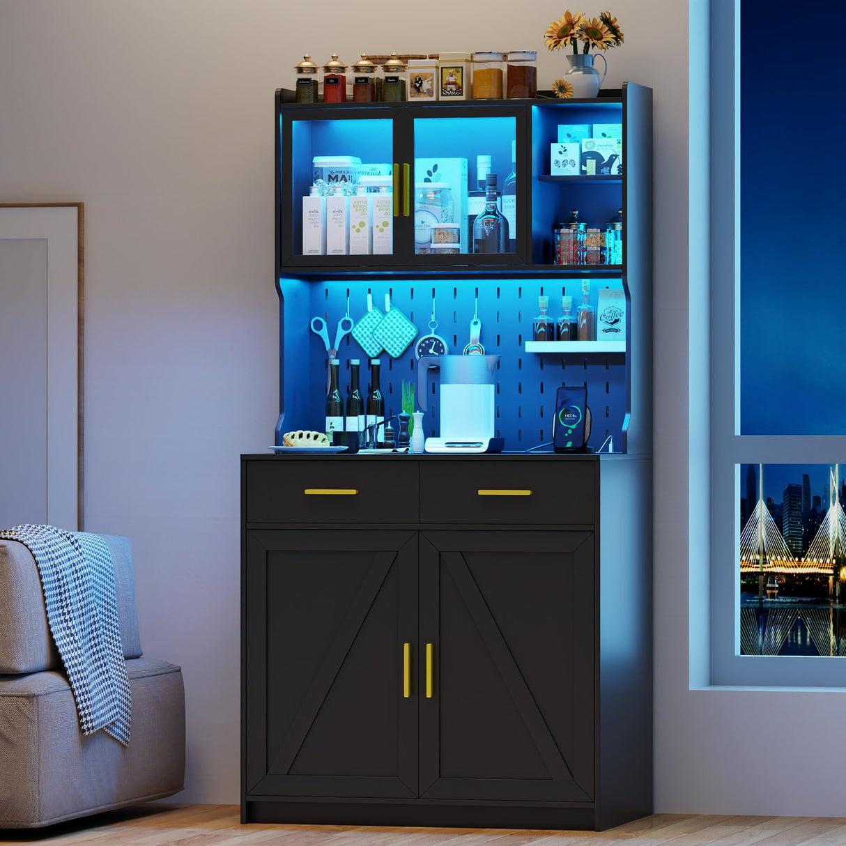 MDGC LED Kitchen Pantry Cabinet with Outlets, Farmhouse Storage Cabinet with Drawers & Adjustable Shelves, 64" Tall Cupboard with Pegboard & Hooks for Dining Room (Black) MDGC