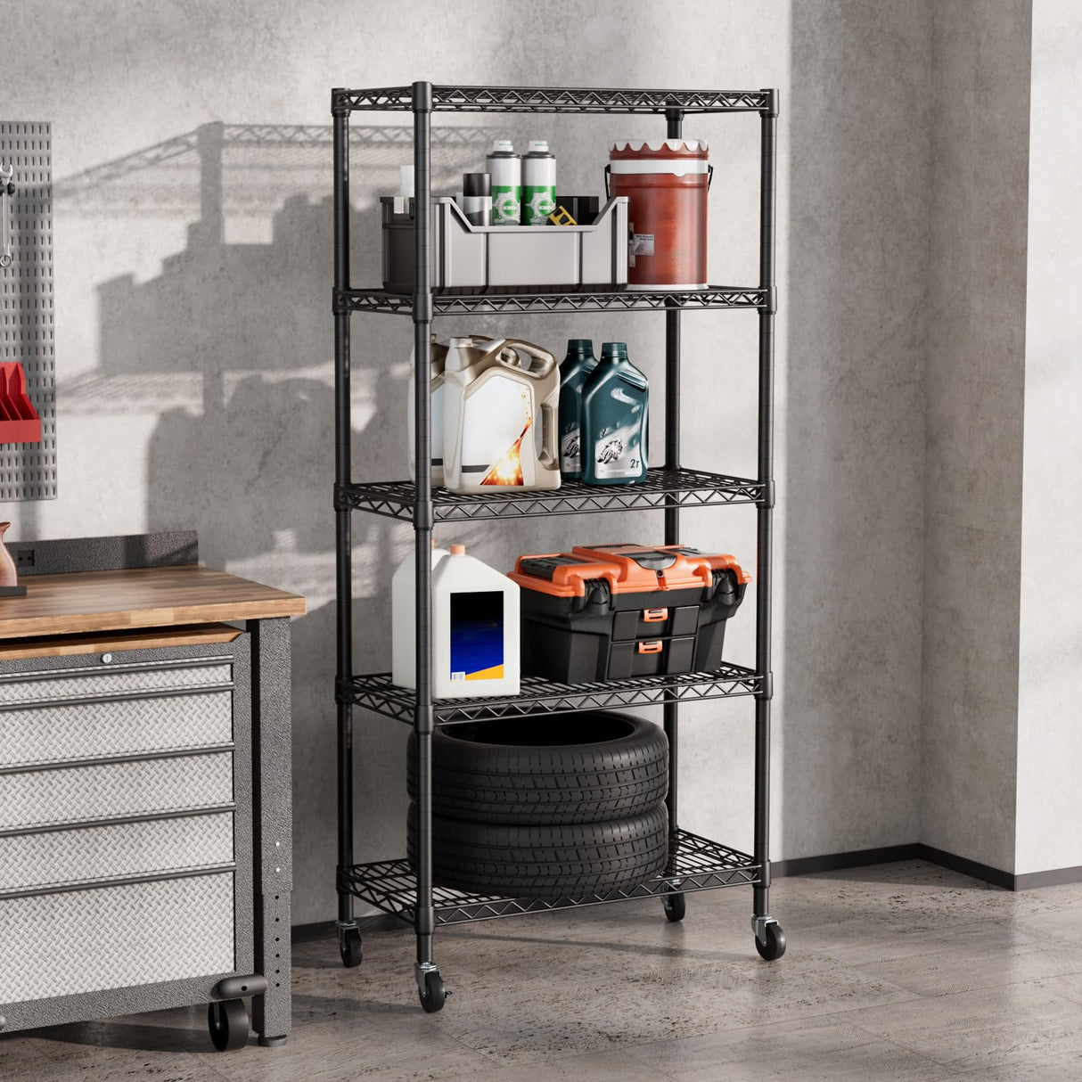 SINGAYE 5 Shelf Adjustable Heavy Duty Storage Shelving Unit with Wheels Steel Organizer Wire Rack Shelves Bathroom Organizers and Shelf Wire Closet Metal Pantry Kitchen Garage 14" DX30 WX70 H Black SINGAYE