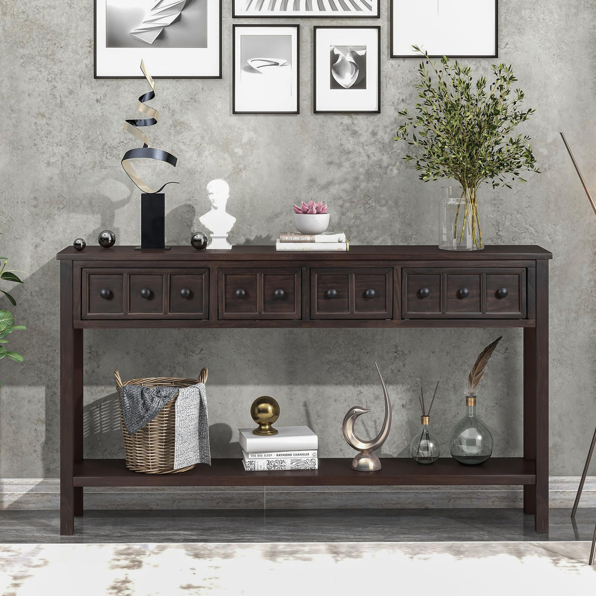 Merax Narrow Long Entryway Table with Storage Drawers, Long Sofa Table Behind Couch Table, 60inch Rustic Console Table with Shelf, Espresso Merax