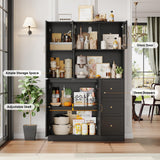 FINETONES Farmhouse Pantry Cabinet, Kitchen Pantry Storage Cabinet with Microwave Stand, Ktichen Hutch Food Pantry Cabinet with Open Countertop and Adjustable Shelf for Kitchen Dining Room, Black FINETONES