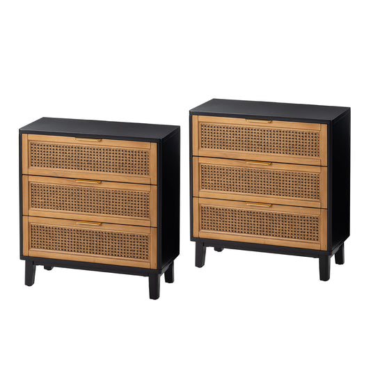 COZAYH Farmhouse 3-Drawer Nightstand, Set of 2 Woven Cane Front Accent Dresser with Brass Pull, Fully-Assembled, Black - WoodArtSupply