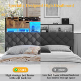 BYSAUD King Size Bed Frame with Headboard, Upholstered King Bed Frame with 3-Tier Storage Shelves & Hidden Space, King Platform Bed Frame with Charging Station & LED Lights, Heavy Metal Slat Support BYSAUD