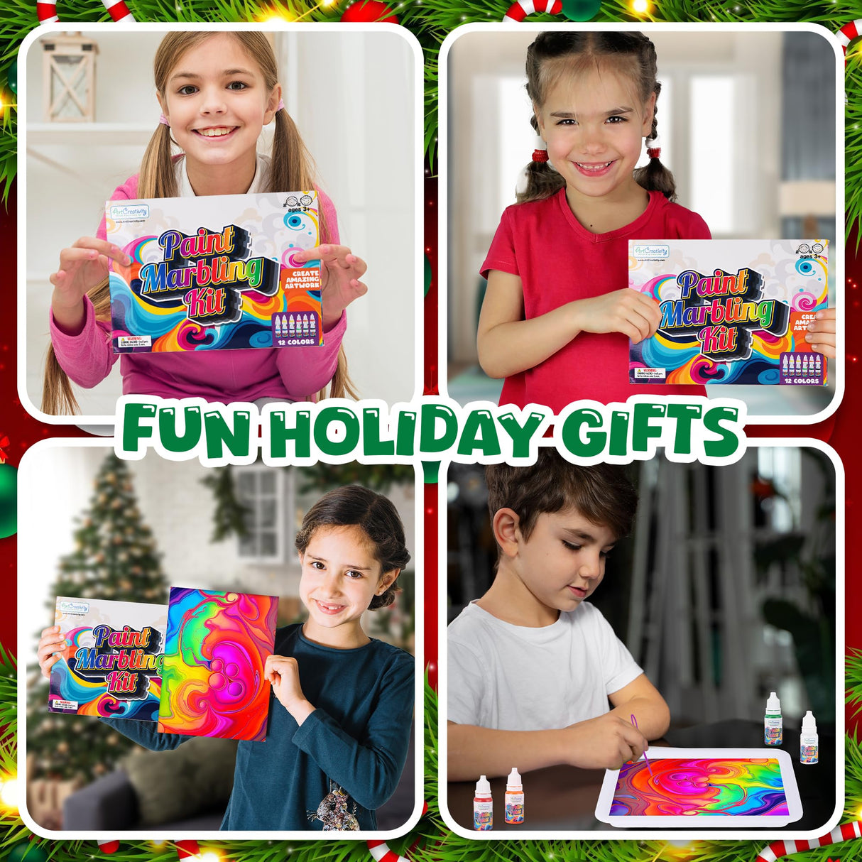 ArtCreativity Water Marbling Paint Art Kit for Kids - Complete Set with 12 Paint Colors, 10 Bags Thickening Powder, 10 A5 Papers, and More - Marble Art Painting Kit - Crafts for Kids Ages 3 and Up ArtCreativity