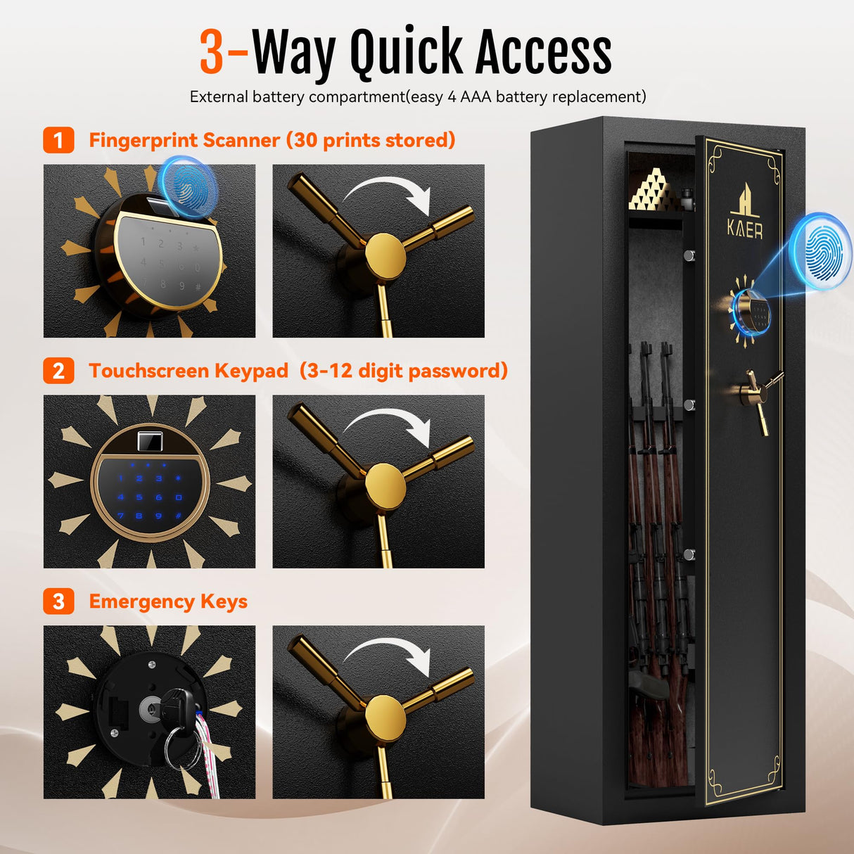 KAER 20 Biometric Gun Safe for Rifles and Pistols, Large Gun Cabinet for Home Rifle, Quick Access Gun Safe with Fingerprint, Rifle Safe with Removable Shelf and Pistol Pocket [No Assembly Required] KAER