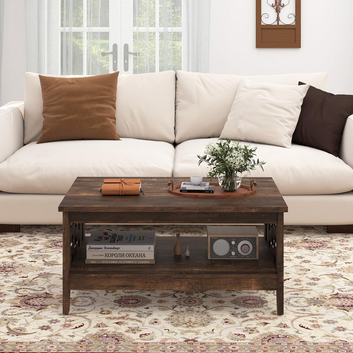 Giantex Farmhouse Coffee Table, 2-Tier Center Table with Storage Open Shelf & Woven Slatted Design, 39.5" Rectangular Accent Cocktail Table, Wood Coffee Tables for Living Room (Rustic Brown) Giantex