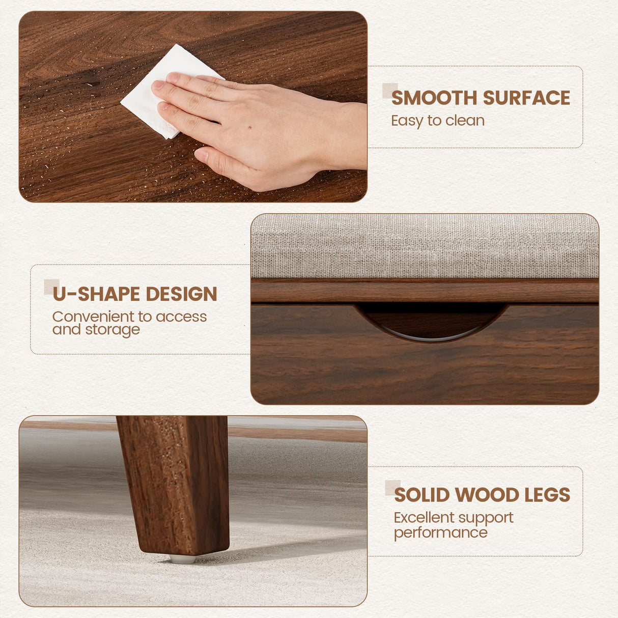 VOPEAK Storage Ottoman Coffee Table with Lift Top, Modern Square Coffee Table with Hidden Storage, Cotton and Linen Fabric Upholstered Ottomans, Cocktail Footrest Ottoman for Living Room, Walnut Brown VOPEAK