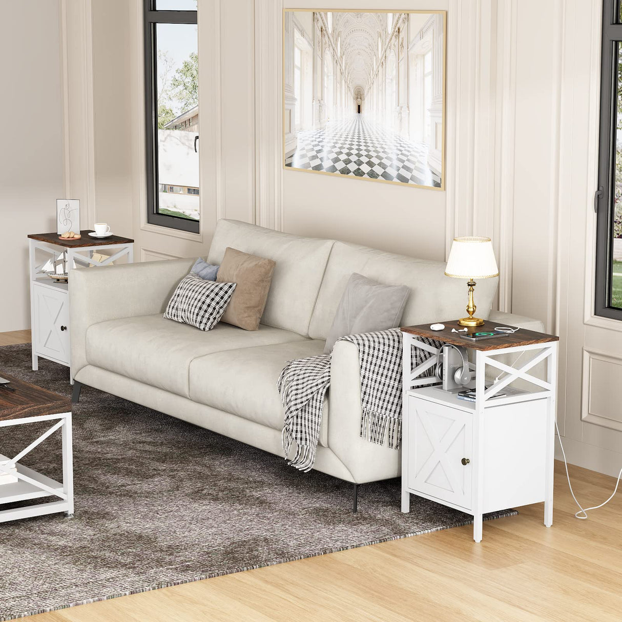 FFBCFDK End Table with Charging Station, Side Table with Power Outlet & USB Ports, Nightstand with 2 Tiers Storage Space and Storage Cabinet, Sofa Side Tables for Bedroom, Living Room,Office, White FFBCFDK