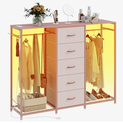 Espelism Dresser for Bedroom with Clothes Rack 5 Drawer Dresser with Charging Station LED Lights White Chest of Drawers Flexible Shelf and Open Storage Space for Bedroom Living Room (Pink)