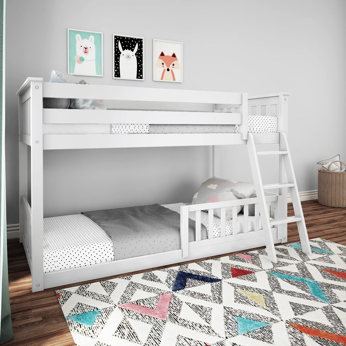 Max & Lily Low Bunk Bed, Twin-Over-Twin Bed Frame For Kids With 1 Guard Rail, White Max & Lily