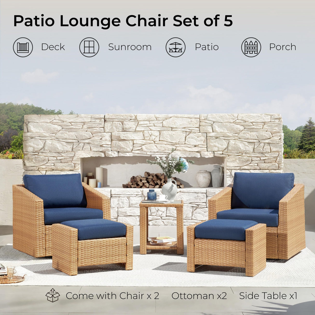 CHITA 5 Pieces Wicker Patio Furniture Set, Outdoor Conversation Set with 2 Pieces Rattan Swivel Chairs, 2 Pieces Ottomans, Thickened Cushions and Side Table, Blue Cushions with Brown Wicker CHITA