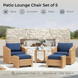 CHITA 5 Pieces Wicker Patio Furniture Set, Outdoor Conversation Set with 2 Pieces Rattan Swivel Chairs, 2 Pieces Ottomans, Thickened Cushions and Side Table, Blue Cushions with Brown Wicker CHITA