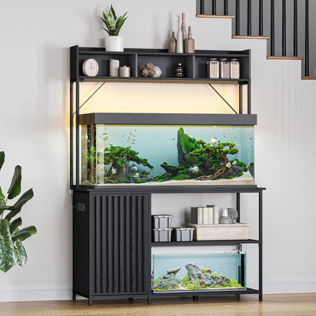 BELLEZE 55-90 Gallon Aquarium Stand with LED Lights, Fluted Cabinet For Fish Tank Accessories Storage, Heavy Duty Metal & Power Outlets, 1200 LBS Capacity, Turtle Tank Reptile Terrarium, Black Ebony BELLEZE