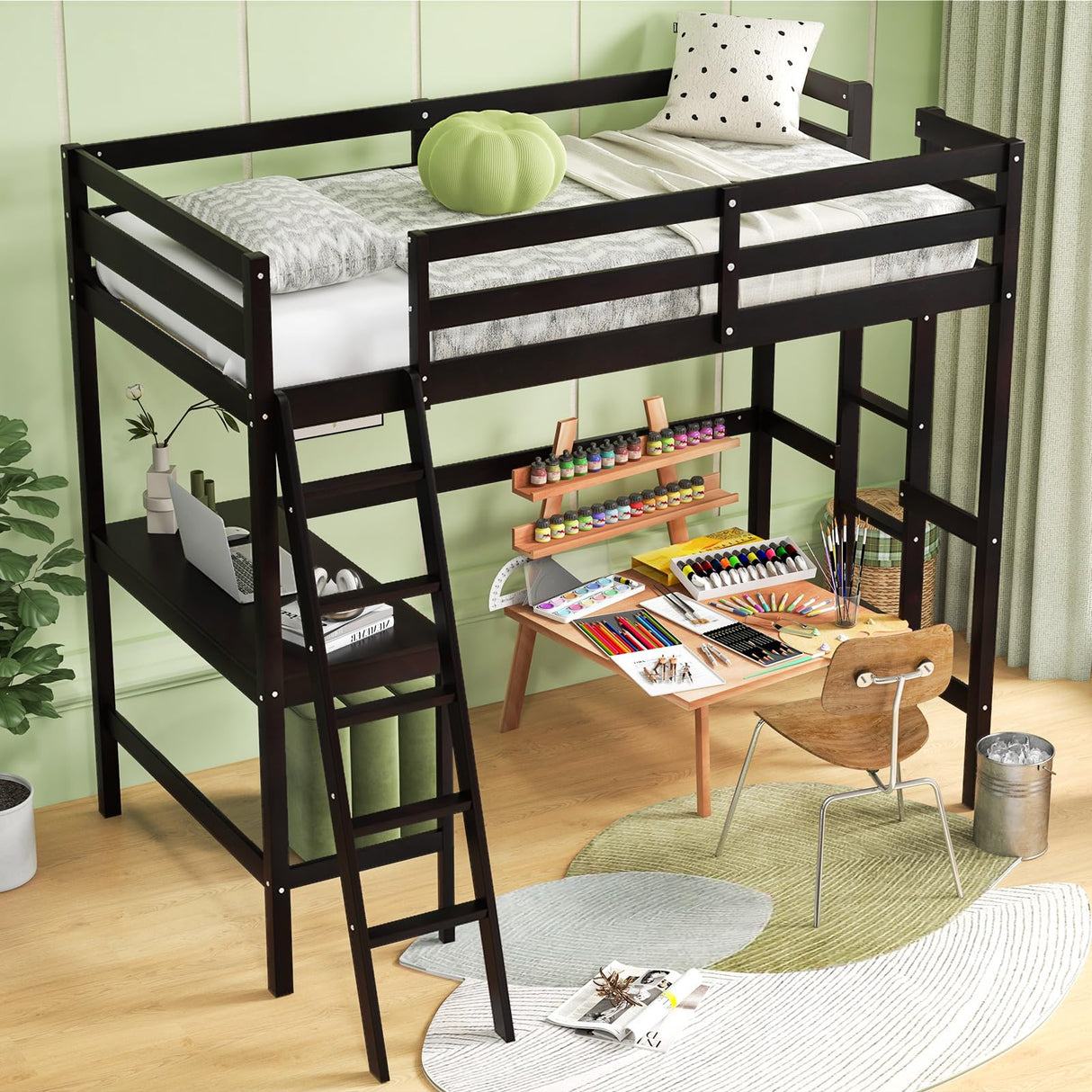 Giantex Twin Size Loft Bed with Desk, Solid Wood Loft Bed with 2 Ladders & Full Length Guardrail, Modern Space-Saving Twin Bed Frame for Kids Teens Adults, No Box Spring Needed (Black) Giantex