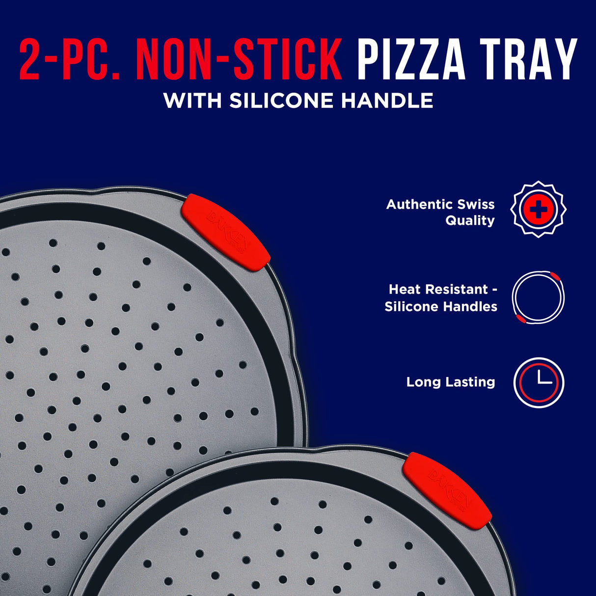 Pizza Tray – 2 Round with Silicone Handles – Carbon Steel Pizza Pan with Holes and Non-Stick Coating – PFOA PFOS and PTFE Free by Bakken BAKKENMASTER