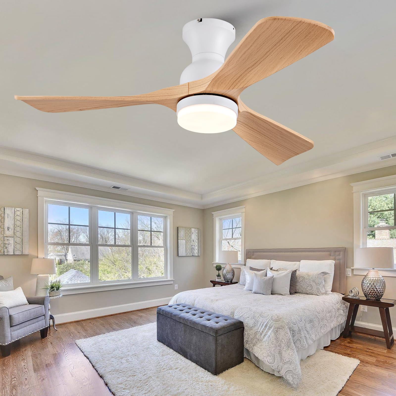 OMYU 42 inch Flush Mount Ceiling Fans with Lights, Quiet Reversible DC Motor, High Hardness Moisture-Proof Blades, Modern Low Profile Ceiling Fan with Light for Outdoor Indoor Farmhouse - WoodArtSupply