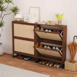 AVZEAR Freestanding Shoe Organizer with 2 Flip Drawer Doors, Entryway & Closet Shoe Storage, Linen Doors, Walnut AVZEAR