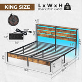 Rolanstar Bed Frame King Size with USB Charging Station, LED Bed Frame with Wood Storage Headboard, Rustic Brown Metal Platform Bed with Under Bed Storage, No Box Spring Needed, Noise Free Rolanstar