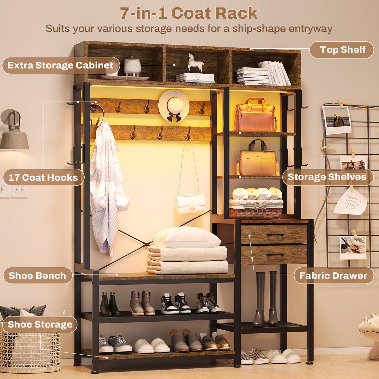 Itaar Hall Tree with Bench and Shoe Storage, 7-in-1 Entryway Bench with Coat Rack, 3 Storage Cubbies, 3 Storage Shelves, 17 Coat Hooks, 2 Fabric Drawers (Rustic Brown) Itaar