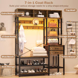 Itaar Hall Tree with Bench and Shoe Storage, 7-in-1 Entryway Bench with Coat Rack, 3 Storage Cubbies, 3 Storage Shelves, 17 Coat Hooks, 2 Fabric Drawers (Rustic Brown) Itaar