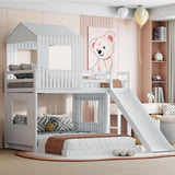 Harper & Bright Designs House Bunk Bed with Slide,Wood Twin Over Full Bunk Bed with Roof,Ladder & Safety Guardrail,Floor Bunk Loft Bed for Kids,Teens,No Box Spring Needed, White Harper & Bright Designs